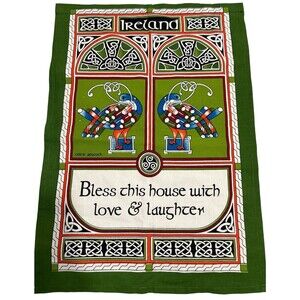 Celtic Irish Tea Towel Wall Hanging ” Bless This House With Love And Laughter”